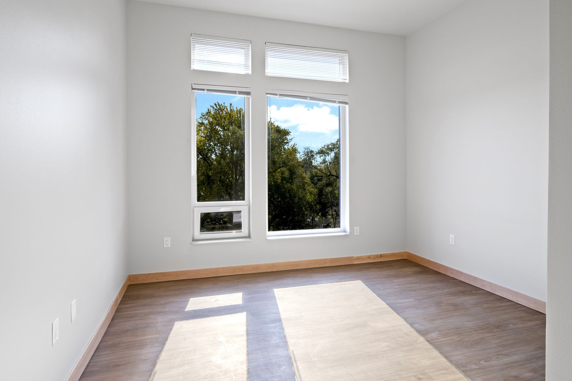 An open bedroom with two windows and lvp flooring.