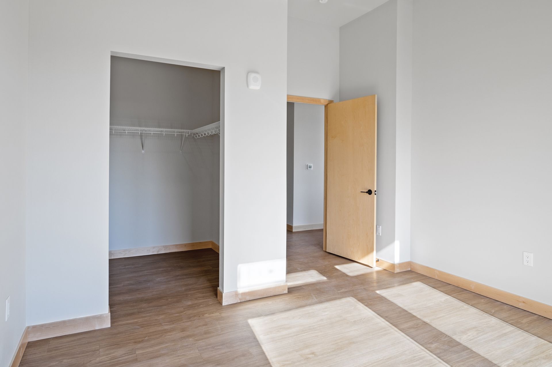 A bright bedroom with a walk-in closet and lvp floors.