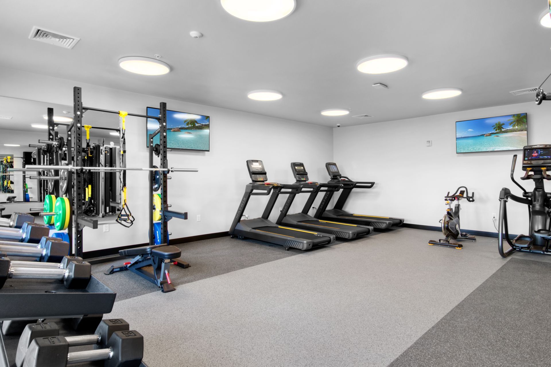 A gym filled with treadmills , dumbbells , and other exercise equipment.