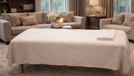 Professional massage table set in a calm, private living room for in-home therapeutic massage sessions