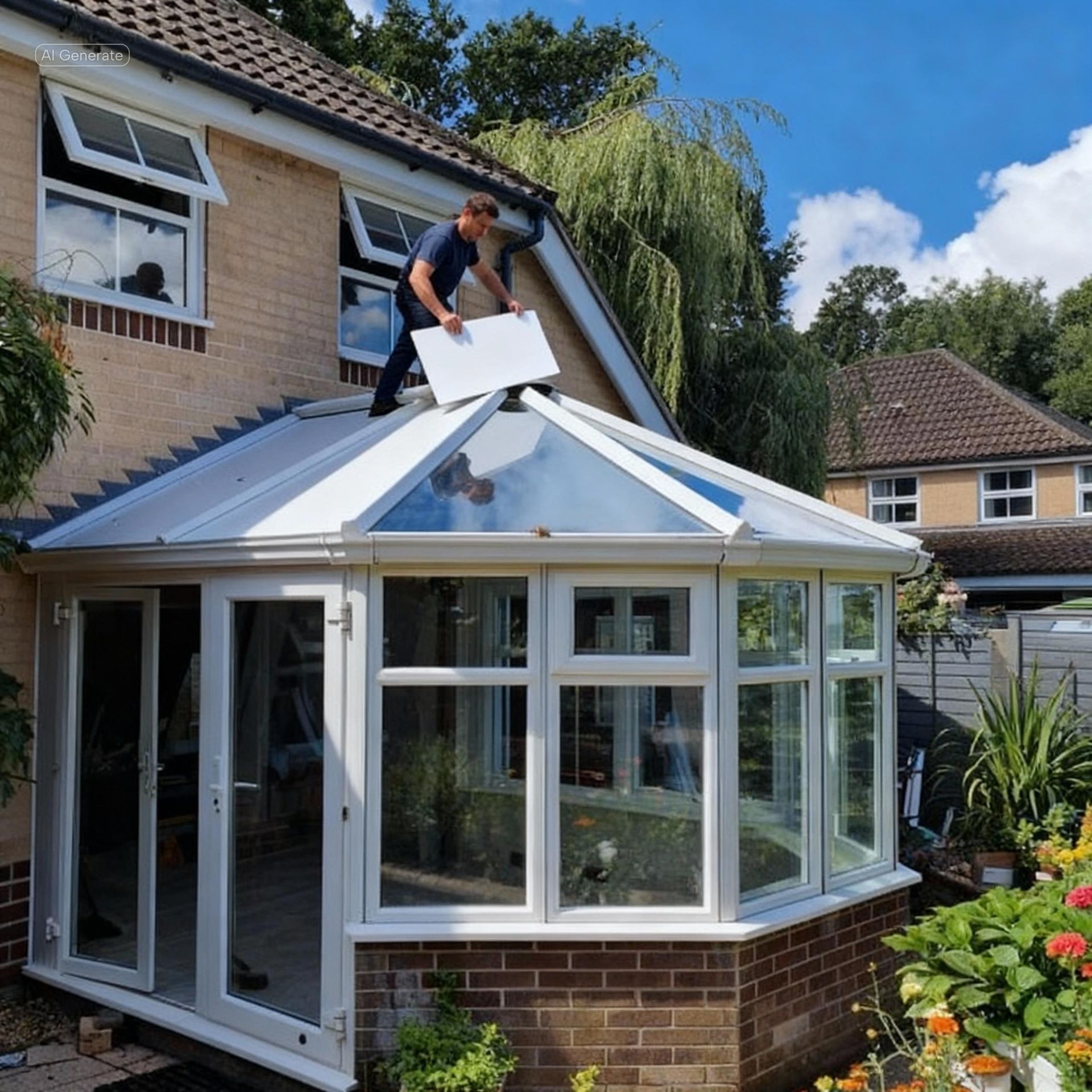 A man installing a white panel on a conservatory roof. White windows and brick base. Sunny outdoor setting.