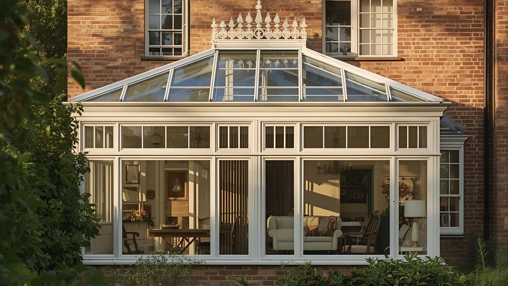 White-framed glass conservatory attached to a brick house. Interior furniture visible.