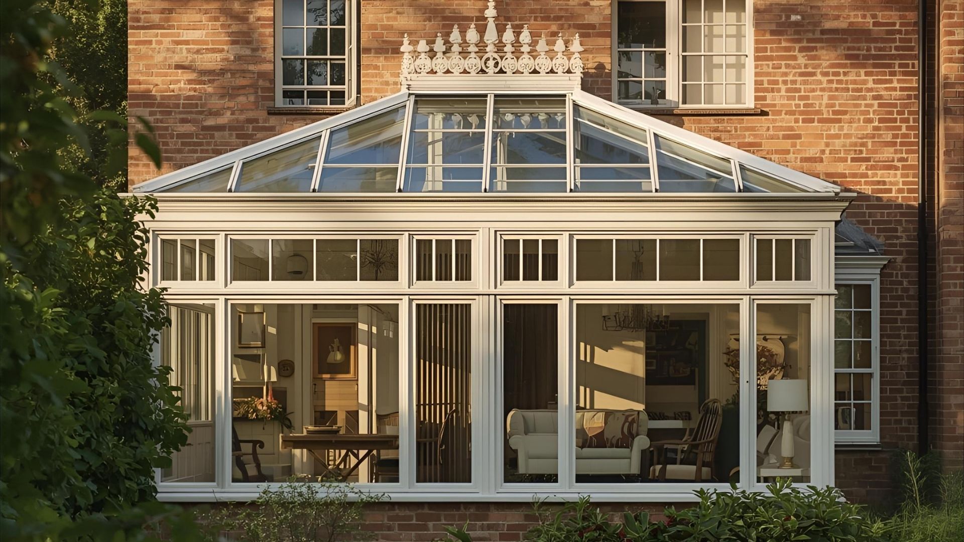 White-framed glass conservatory attached to a brick house. Interior furniture visible.