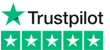 Trustpilot logo with a green star and 5 green star ratings.