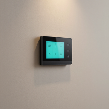 Wall-mounted black thermostat with a glowing blue screen on a beige wall