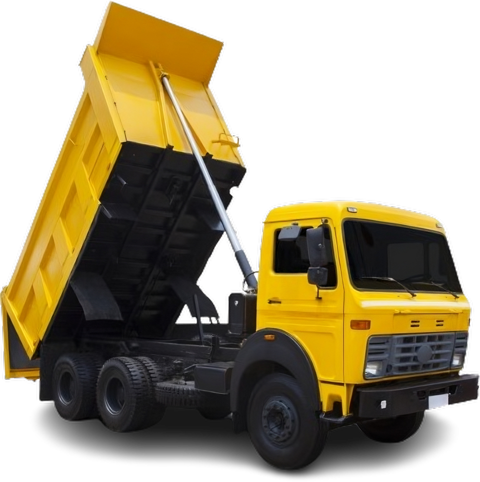 A yellow dump truck with the bed up on a white background