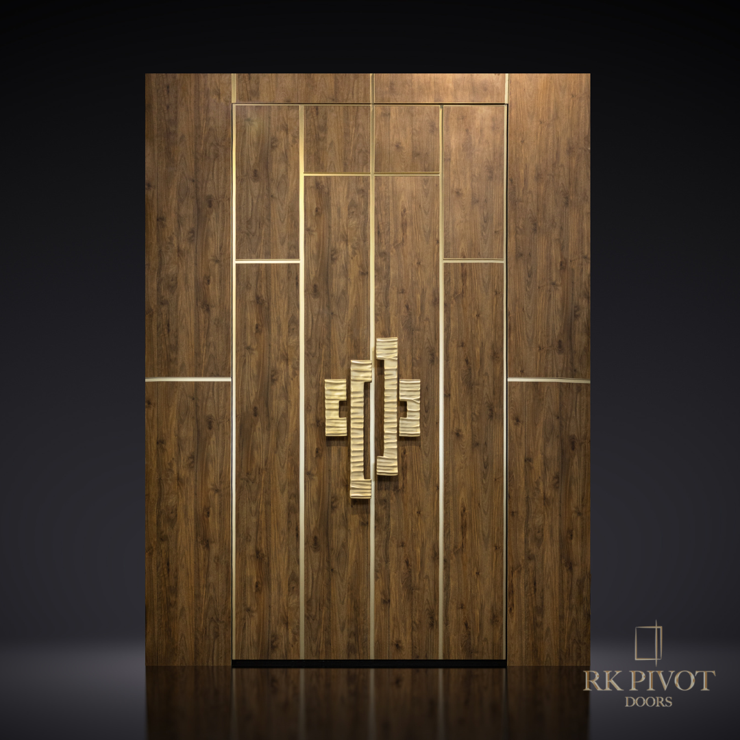 A wooden door with rk pivot doors written on the bottom