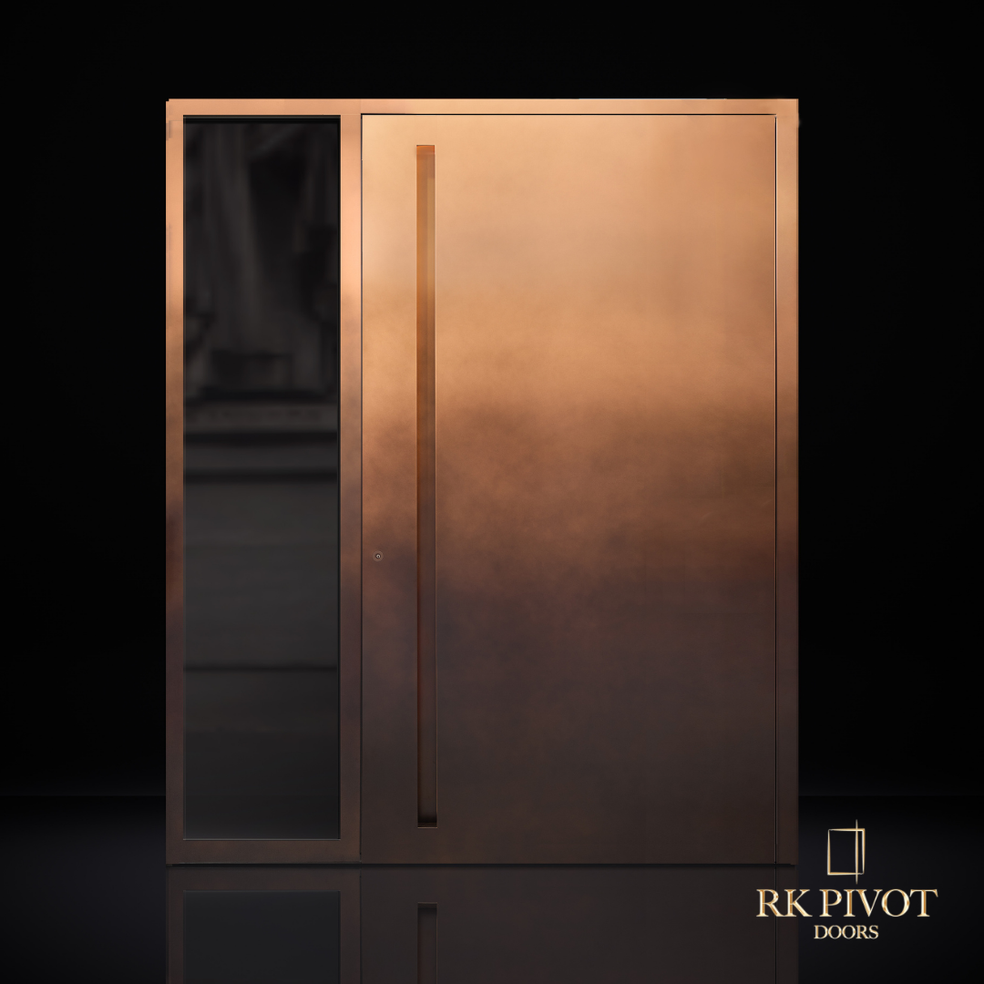 A copper door from rk pivot doors against a black background