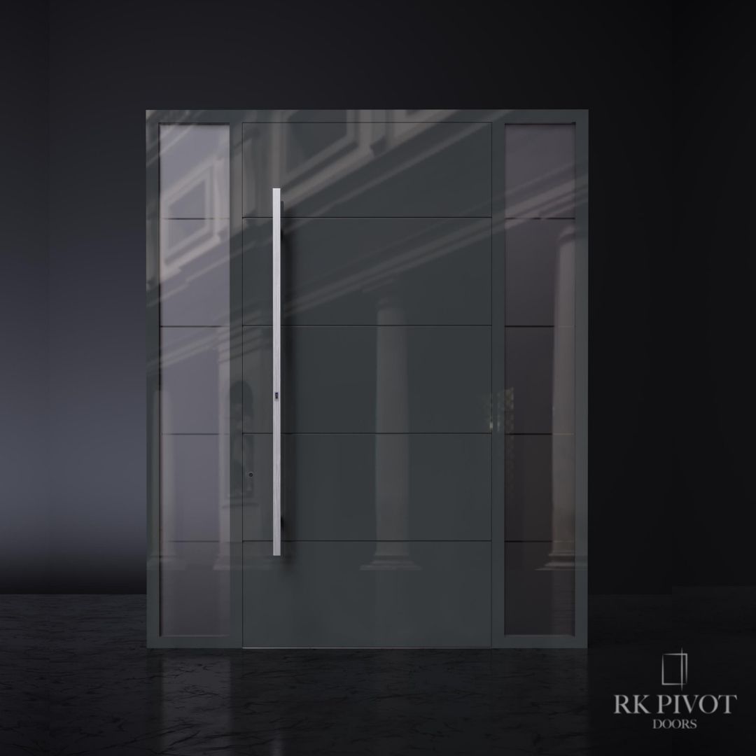 A rk pivot door is shown in a dark room