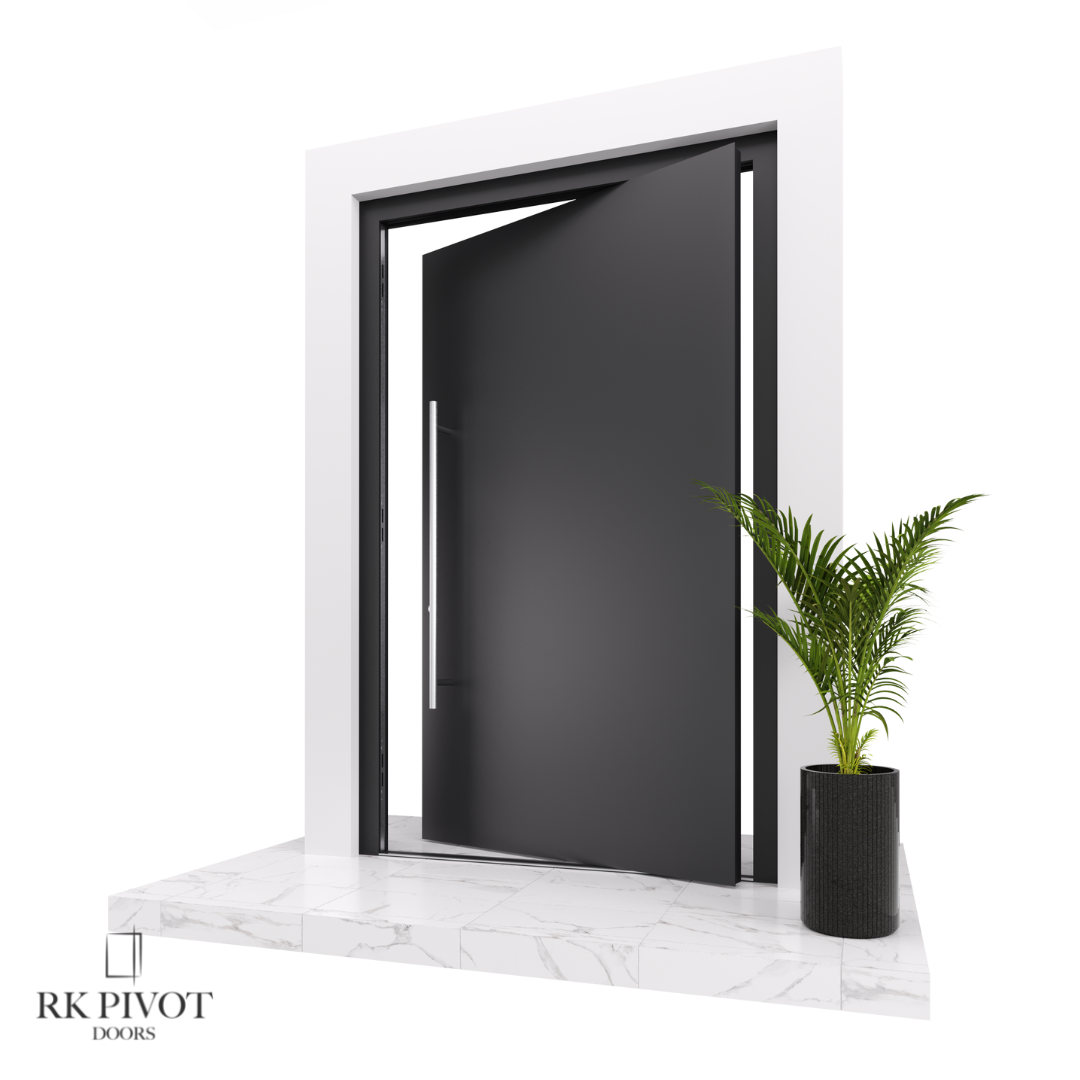 A black door with a plant in front of it.