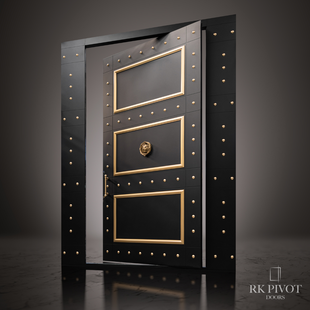 A black door with gold trim from rk pivot