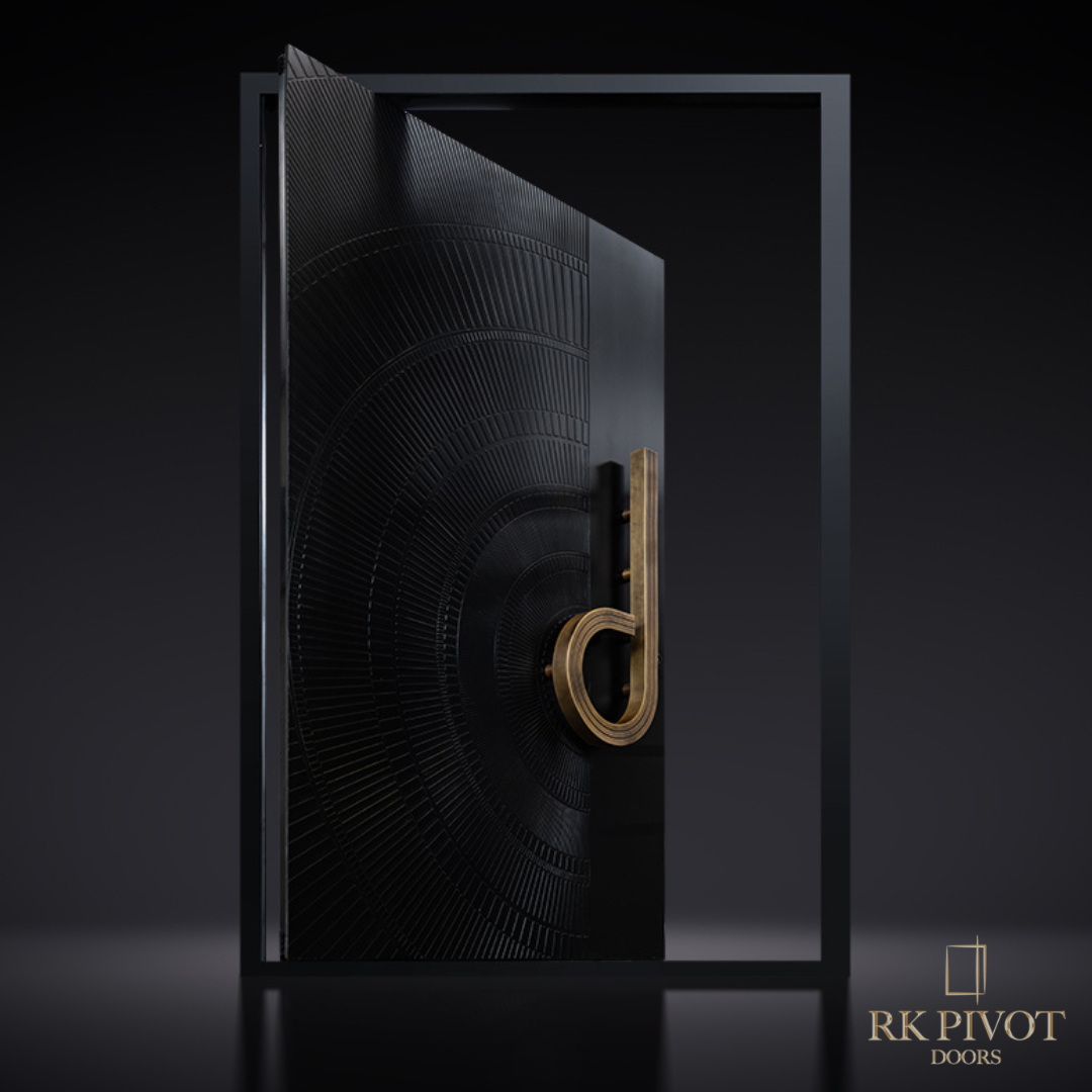 A black door with the letter d on it