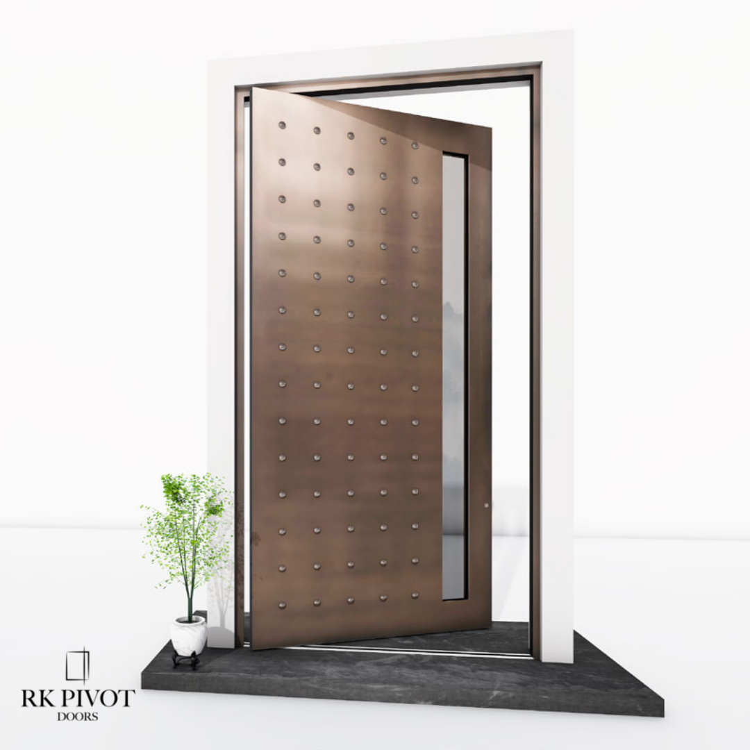 A rk pivot door with a plant in front of it