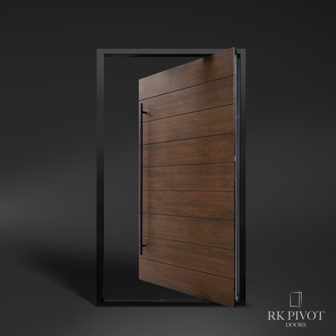 A wooden door with a metal frame and a handle from rk pivot
