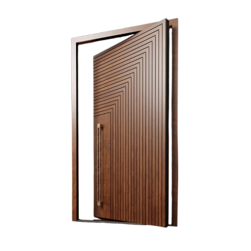 A wooden door with a handle is open on a white background.