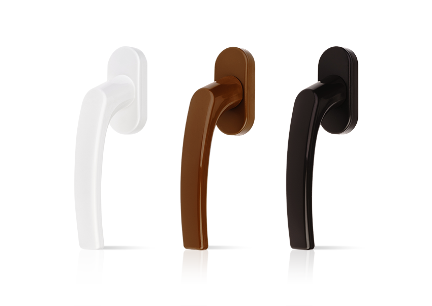 Three different colored window handles on a white background.