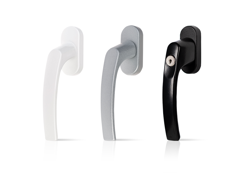 A set of three different colored window handles on a white background.