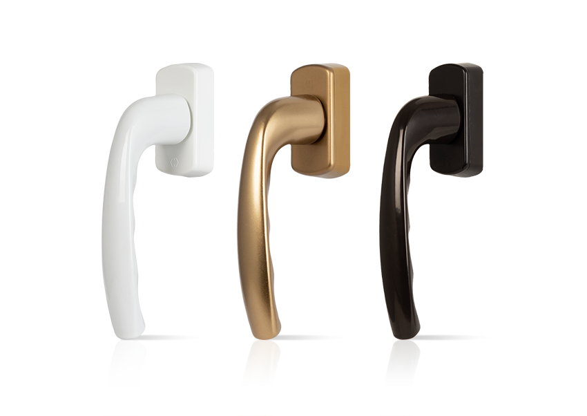 Three different colored window handles on a white background.