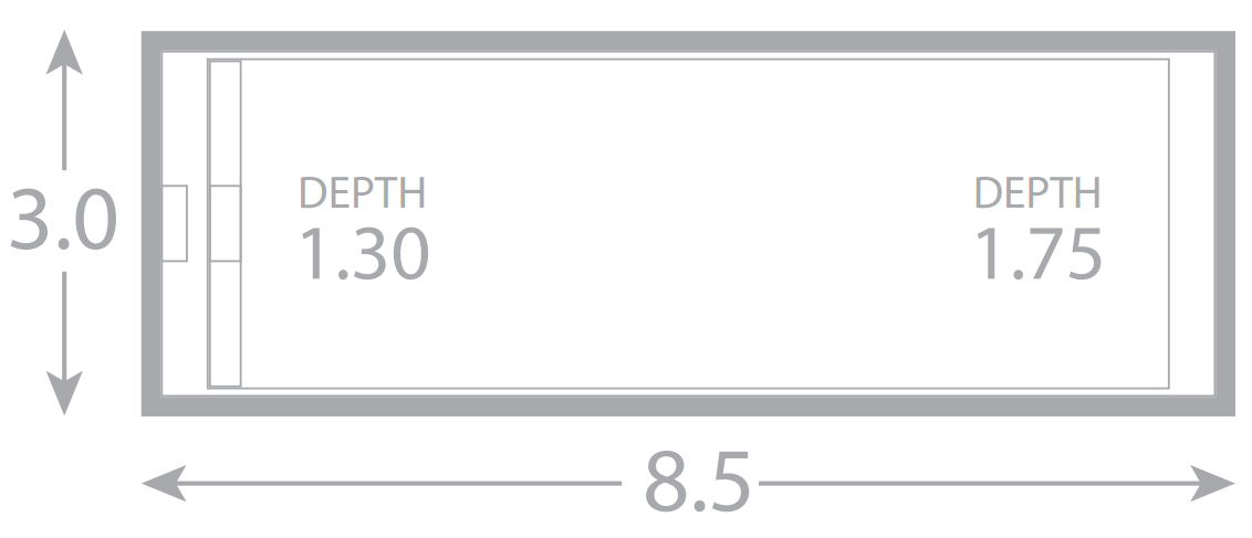 A drawing of a pool with a depth of 1.30 and a depth of 1.75.