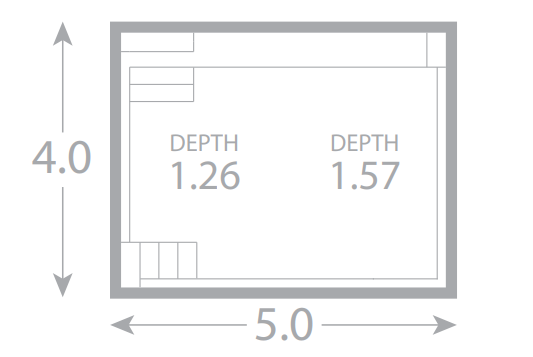 A black and white drawing of a rectangle with measurements of depth and width.