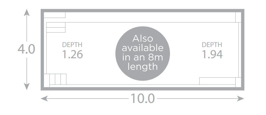 A drawing of a pool with a circle that says `` also available in an 8m length ''.