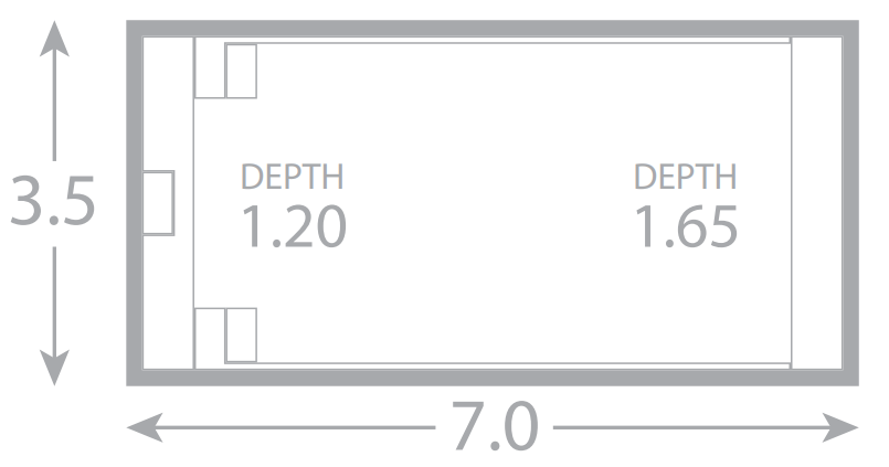 A drawing of a swimming pool with a depth of 1.20 and a depth of 0.65.
