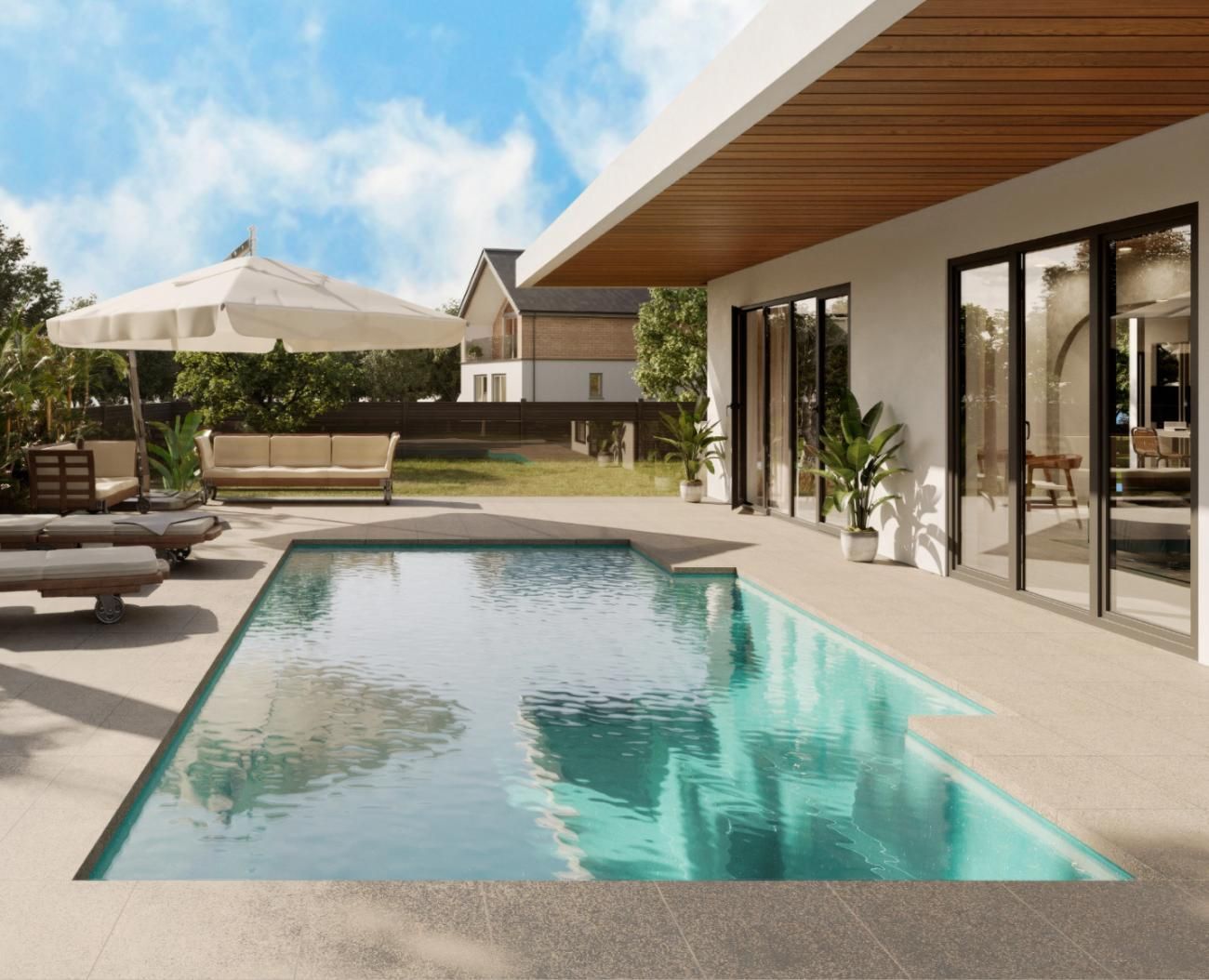 An artist 's impression of a house with a large swimming pool