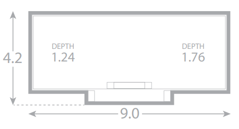A black and white drawing of a room with a depth of 1:24 and a depth of 1.76.
