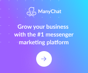 ManyChat ad: purple/blue gradient background, white logo and text, call to action button.