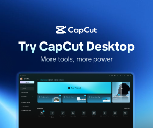 CapCut Desktop software advertisement on a gradient blue background.