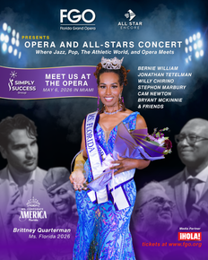 Opera and all-stars concert poster with a woman in a blue gown at center and performer portraits behind her