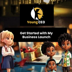 Young CEO poster with text “Get Started with My Business Launch” and cartoon characters in a shop setting