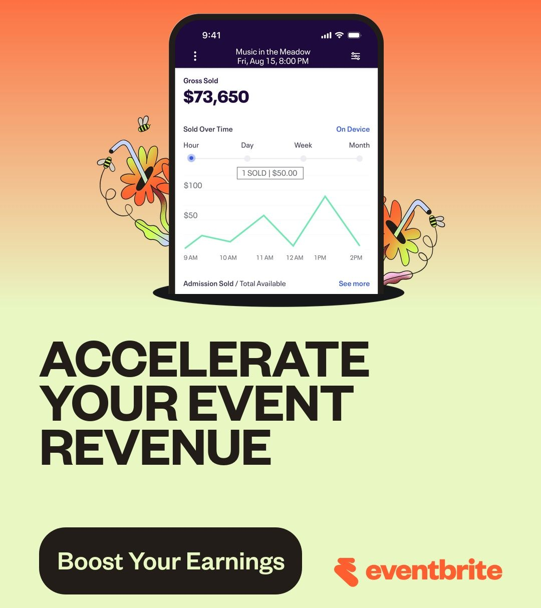 Eventbrite ad: phone with revenue chart, text