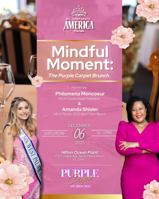 Flyer for "Mindful Moment: The Purple Carpet Brunch" with two women, purple floral accents, and event details.