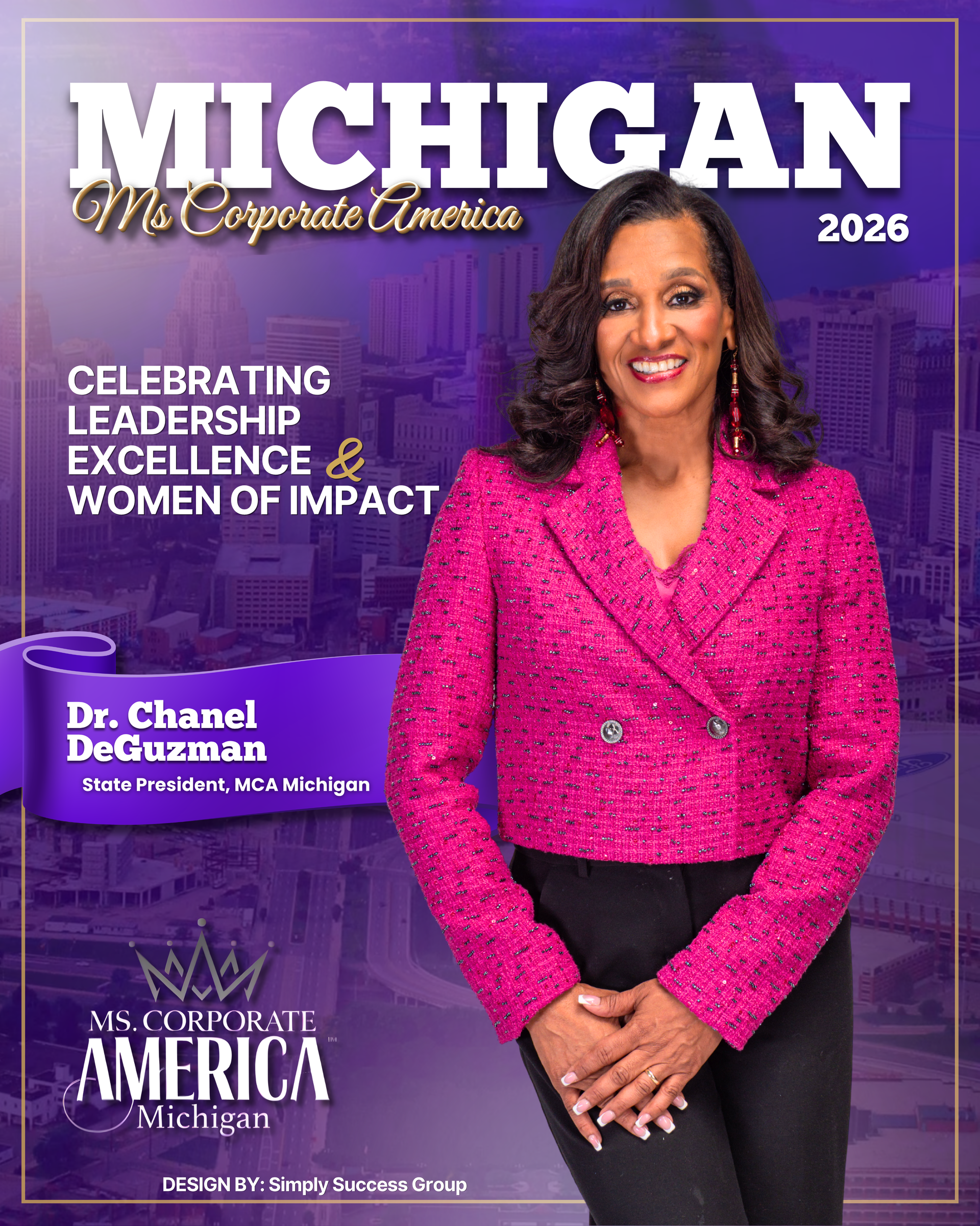 Magazine cover featuring Dr. Chanel DeGuzman in a pink blazer on a purple background, celebrating leadership and impact