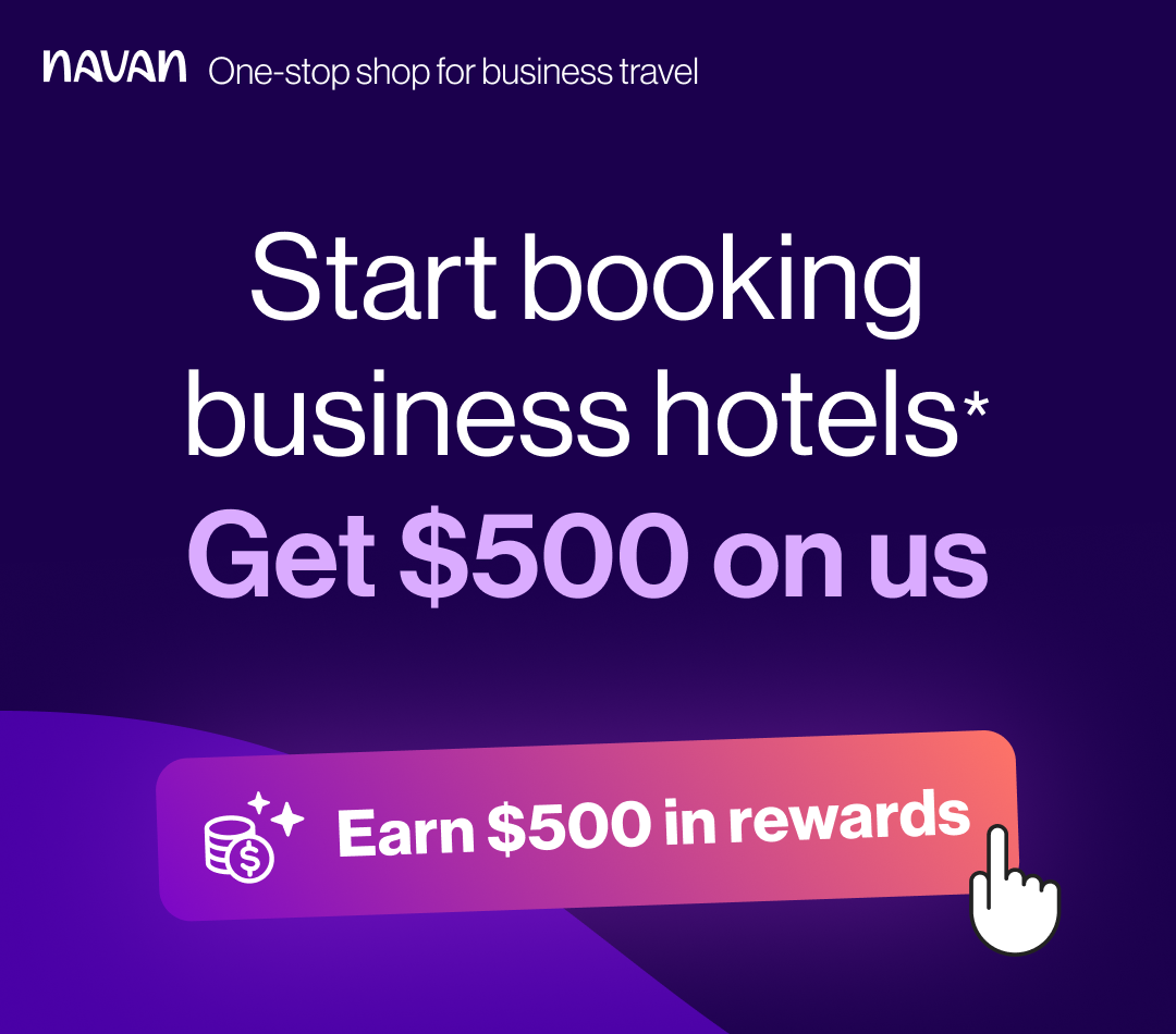Promotional graphic for Navan business travel. Text: