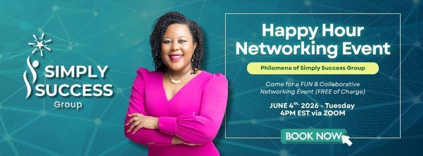 Happy Hour Networking Event banner with a woman in pink, teal background, and book now button