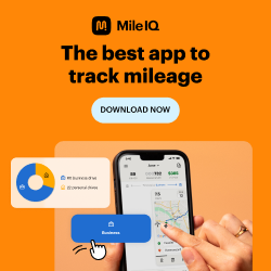 MileIQ app ad: Phone showing driving map, business mileage highlighted, with a pie chart. Download button.