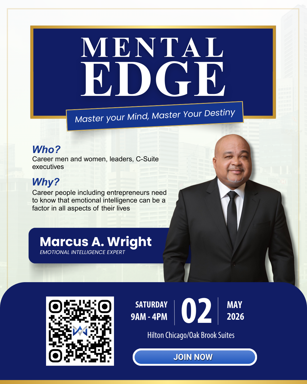 Mental Edge event flyer with speaker portrait, QR code, date and join now button
