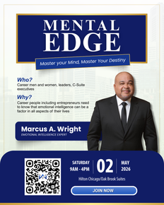 Mental Edge seminar poster with speaker portrait, QR code, and “Join Now” button, blue and gold theme