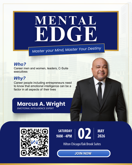 Mental Edge seminar poster with speaker portrait, QR code, and “Join Now” button, blue and gold theme
