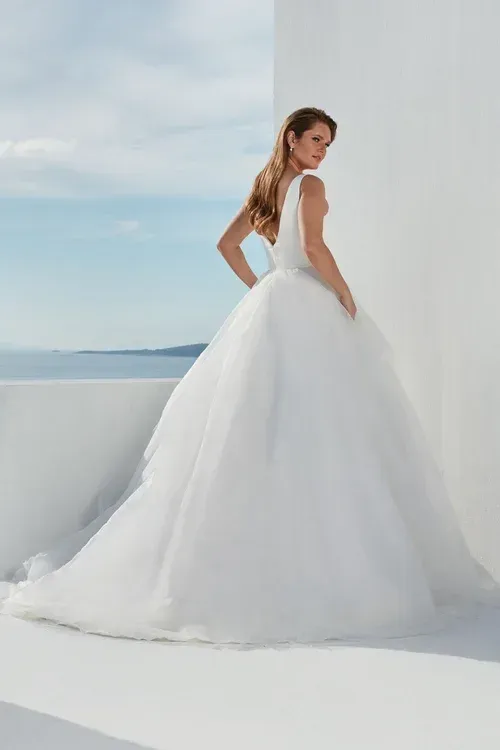 Woman in wedding dress, gazing over ocean.