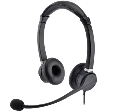 A pair of headphones with a microphone attached to them on a white background.