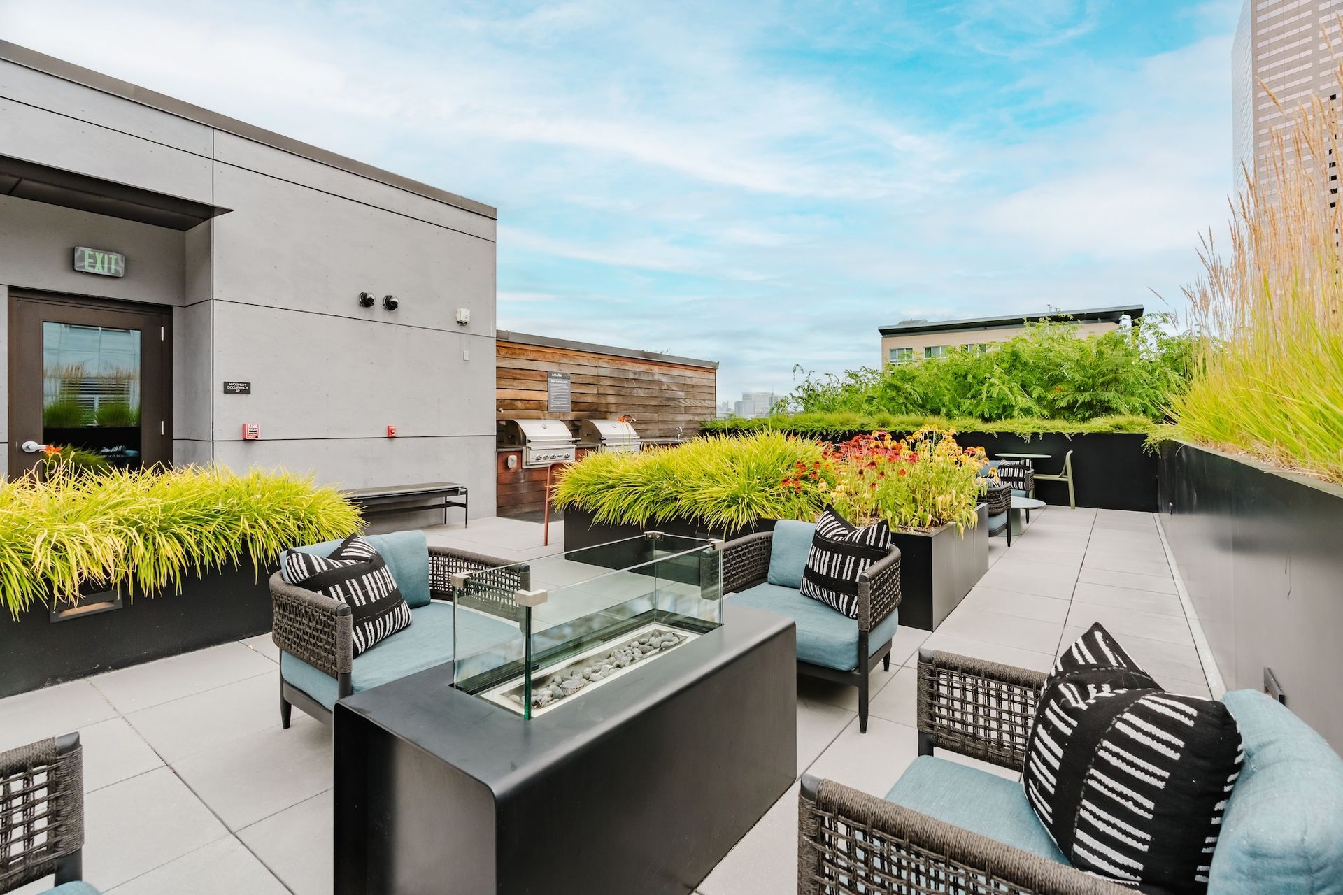 There is a fire pit on the roof of the building.