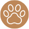 A paw print in a brown circle on a white background.