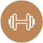 A dumbbell icon in a brown circle on a white background.
