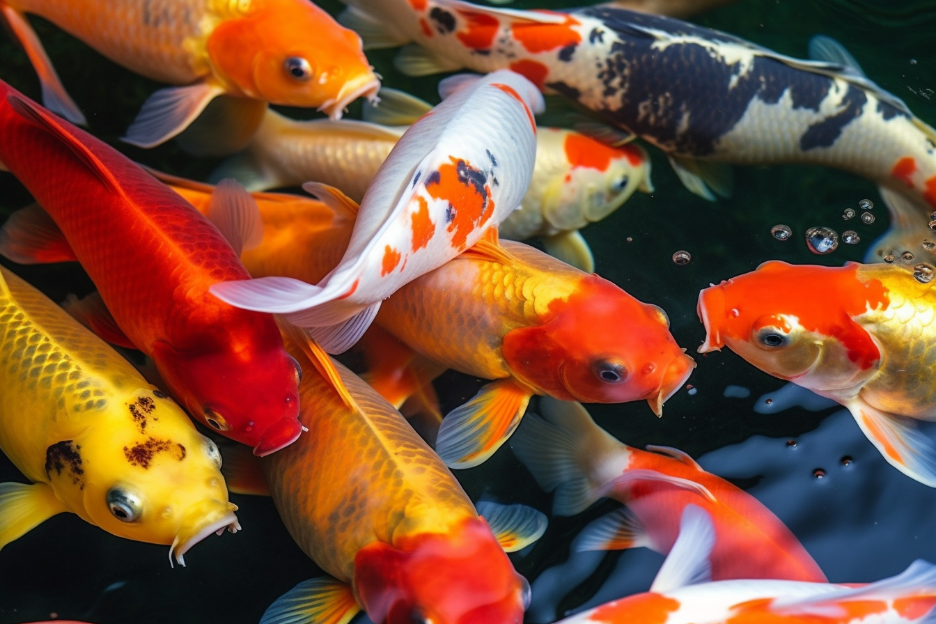 A bunch of colorful fish are swimming in a pond