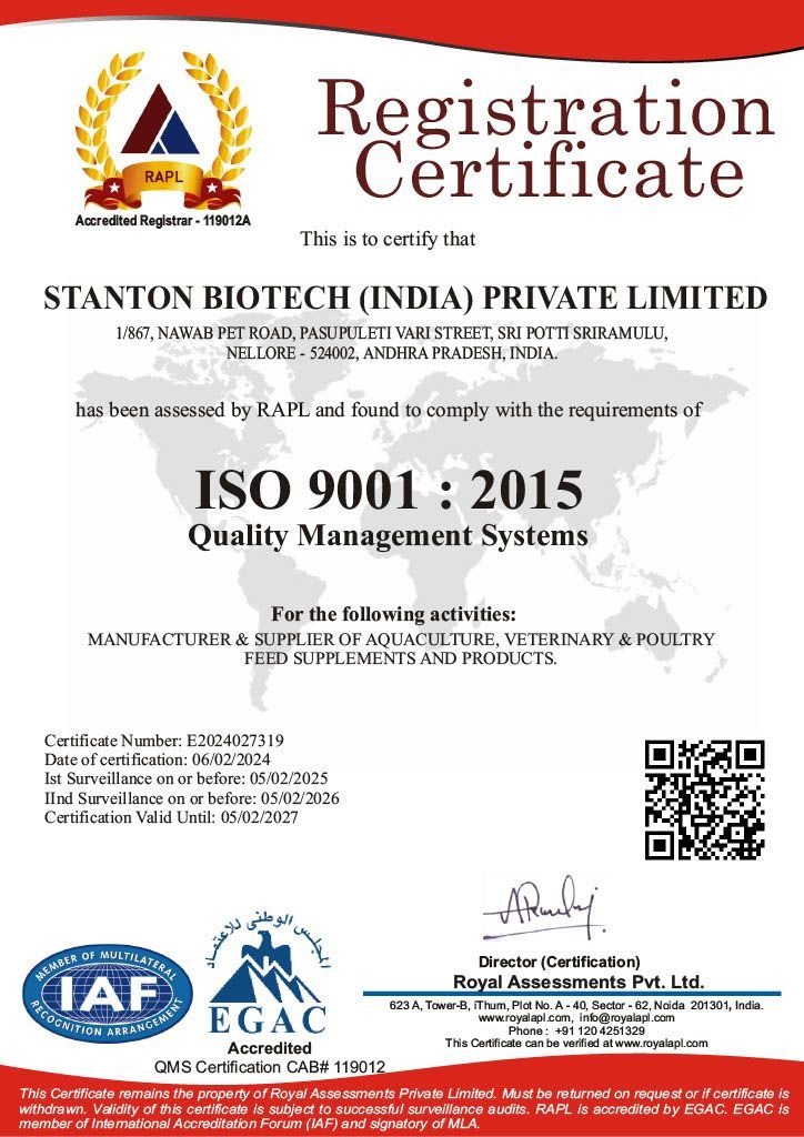 A registration certificate for stanton biotech india private limited iso 9001 2015 quality management systems.