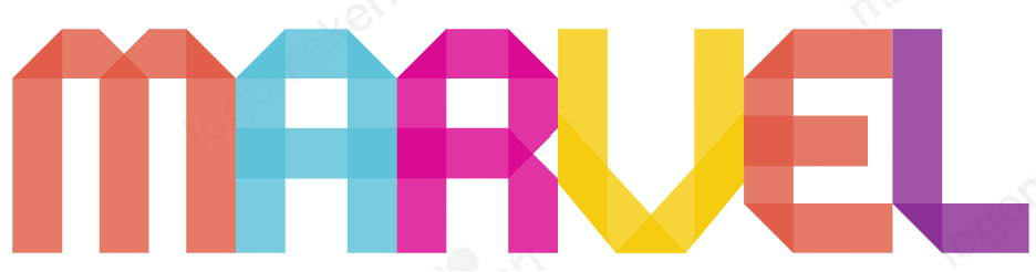 The word marvel is made of colorful ribbons on a white background.