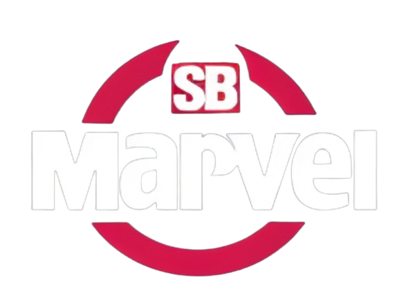 A red and white logo for sb marvel